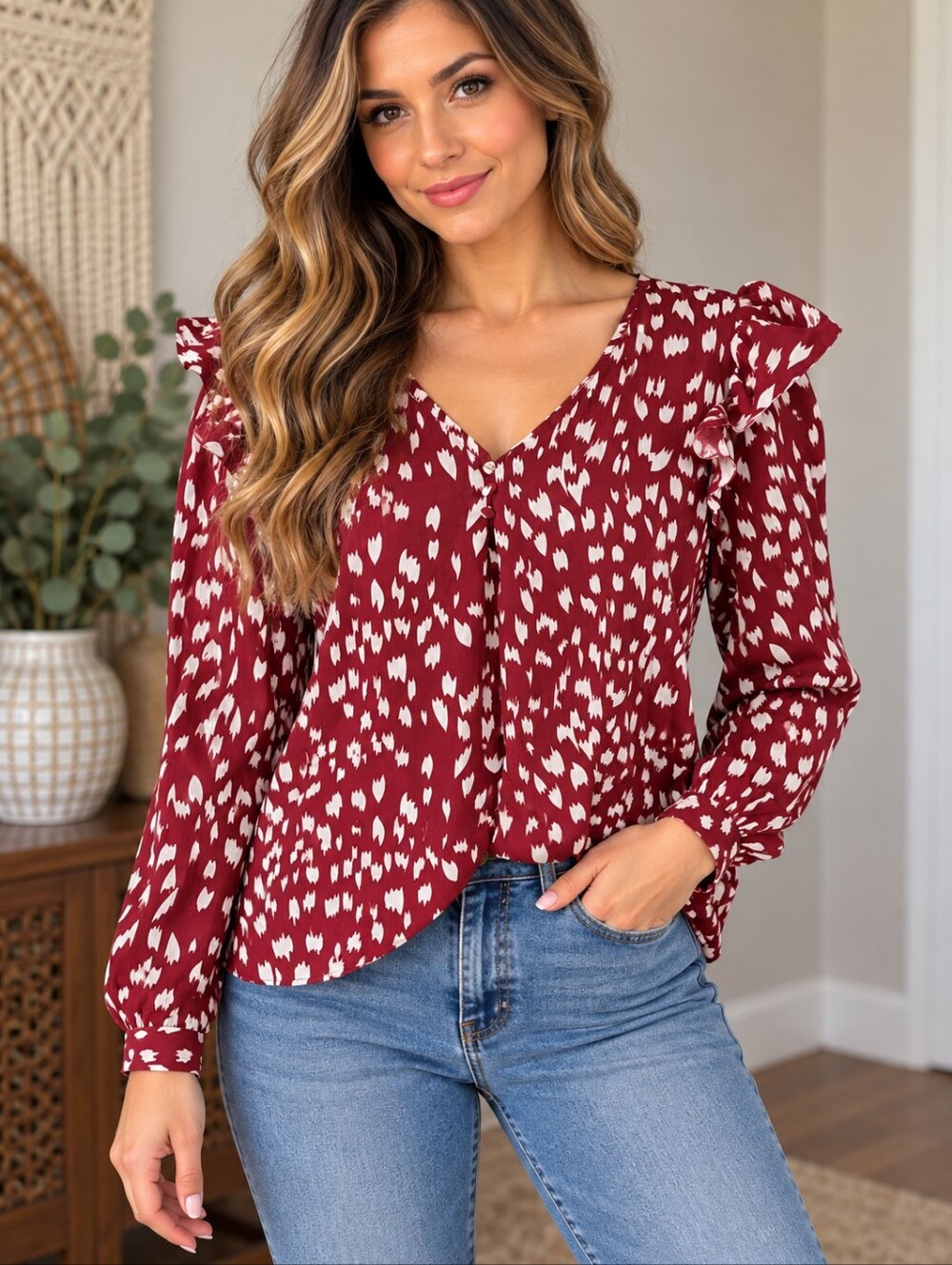 SHEIN Burgundy White Print Ruffle Shoulder Long Sleeve Blouse